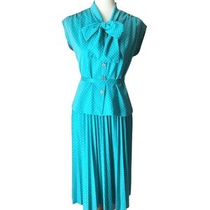 Vintage 70’s Teal Polka Dot Secretary Skirt Set